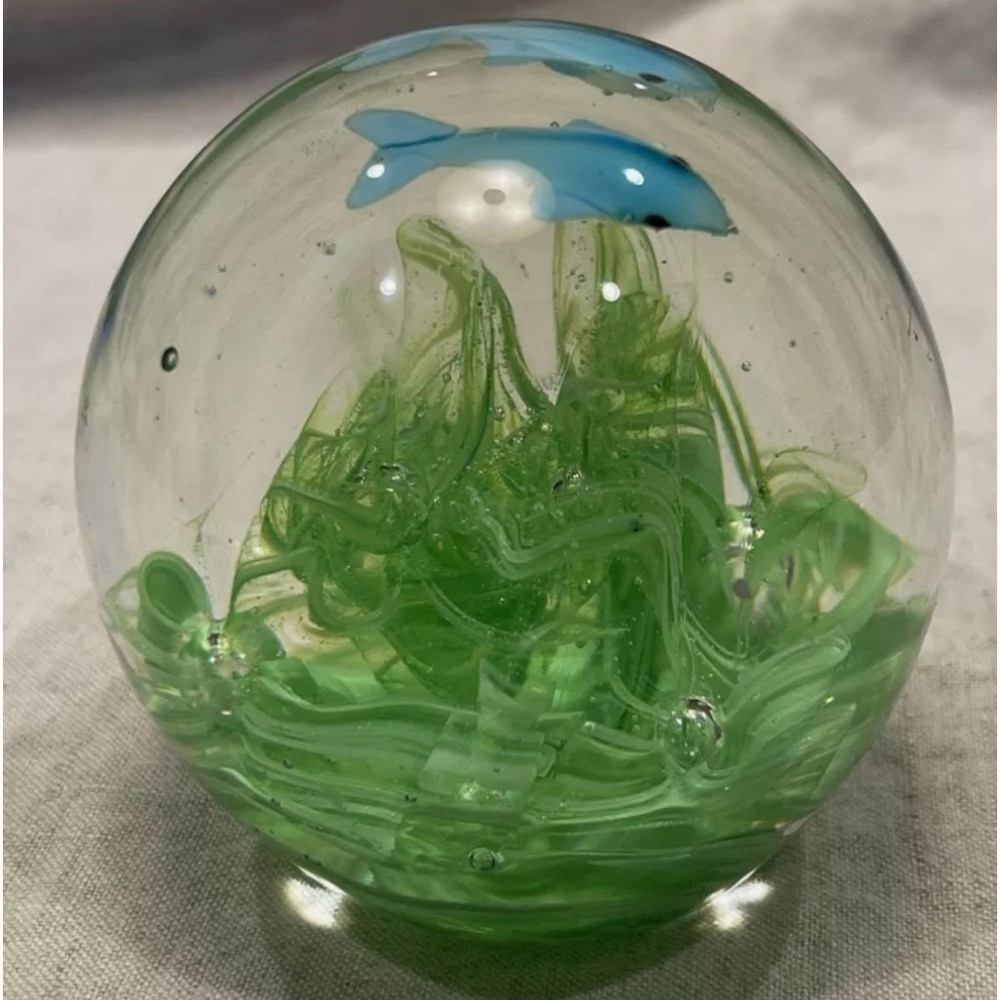 Vintage  Glass Dolphins Swimming Paperweight  Blue Green Bubbles 3 1/2"
